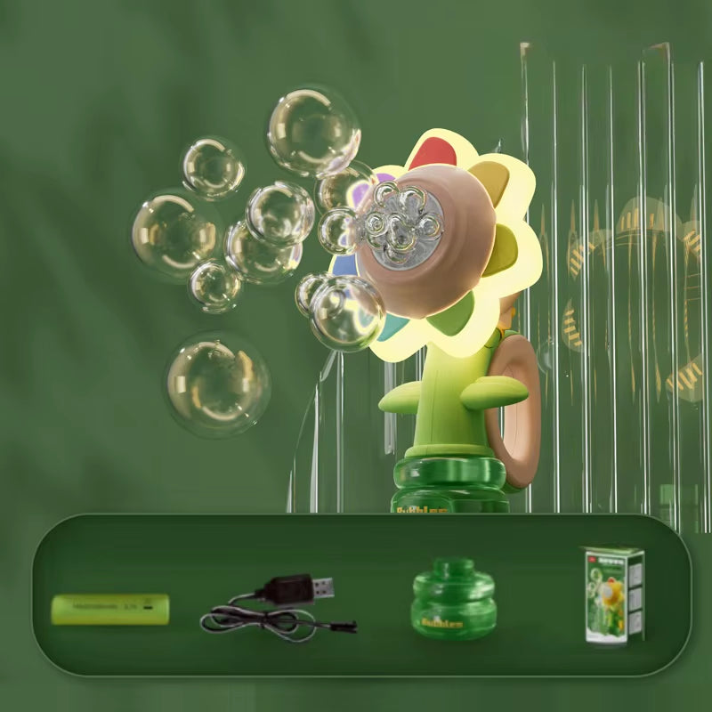 Bubble Machine Toy Electric Automatic Sunflower Shaking Head Adjustment Light Dancing One Key Bubble Maker Toy for Kids