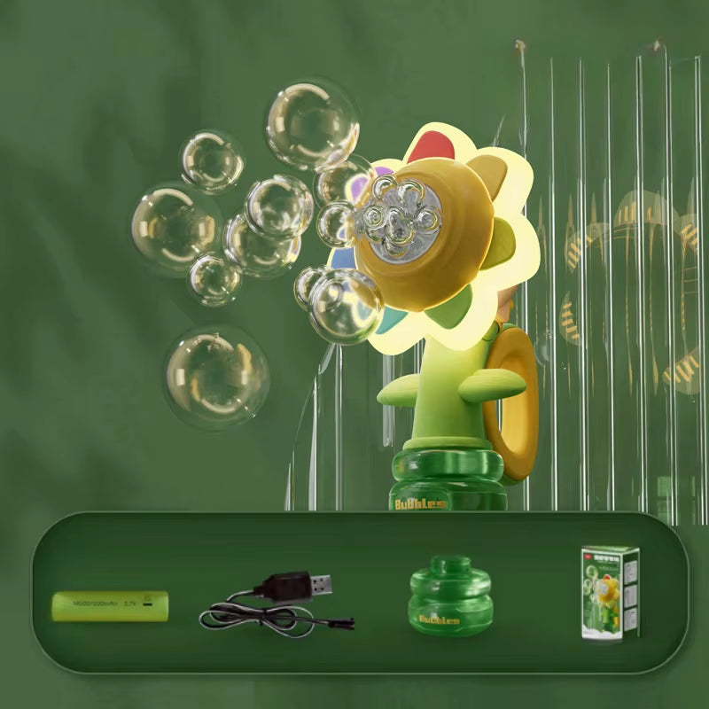 Bubble Machine Toy Electric Automatic Sunflower Shaking Head Adjustment Light Dancing One Key Bubble Maker Toy for Kids